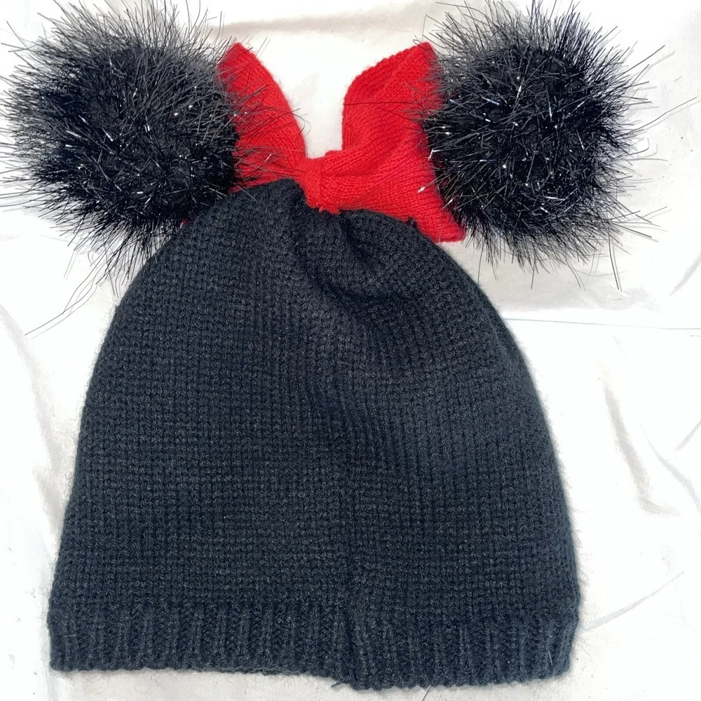 Disney Minnie Mouse Beanie Black Sparkling Fuzzy‎ Ears Red Bow With  Rhinestones